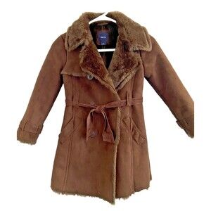 GAP Kids Coat Girl’s Small 6-7 Faux Suede Fur Lined Brown Button Up Belted